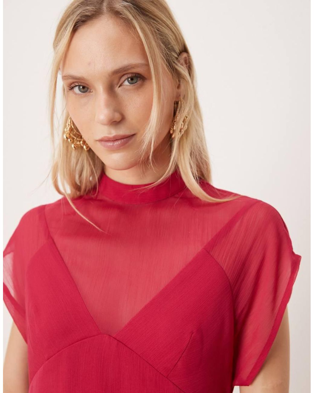 ASOS Red Asos Design Petite High Neck Hanky Hem Chiffon Maxi Dress