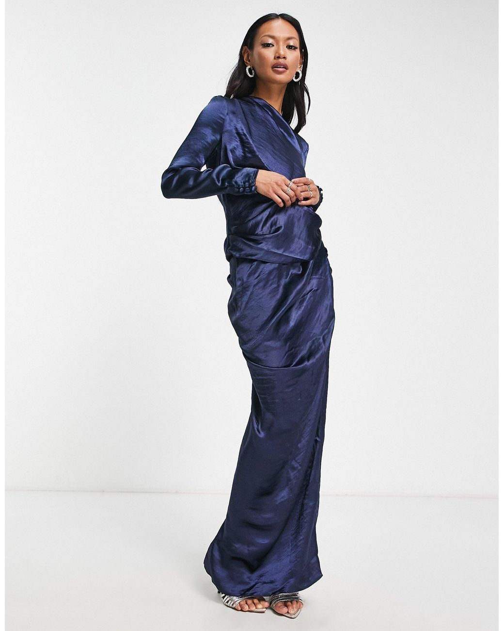 asos design satin maxi dress with extreme drape sleeve ASOS DESIGN satin maxi dress with extreme drape sleeve and open back in olive