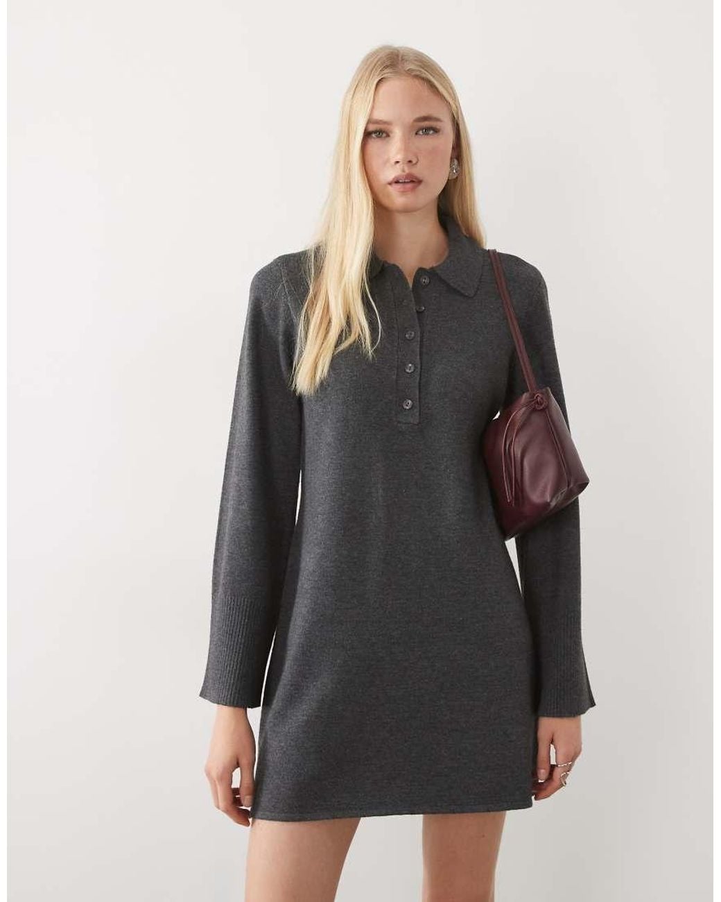 Aware Gray Long Sleeve Polo Neck Knitted Mini Dress