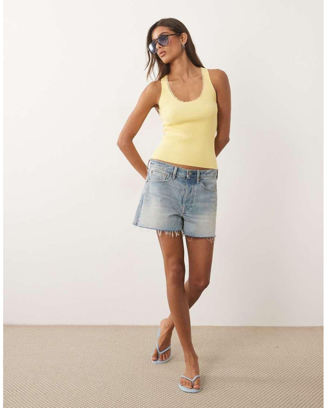Mango Green Ribbed Vest With Lace Trim