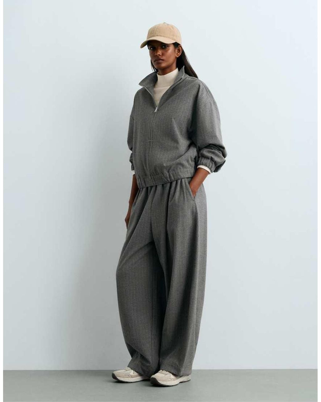 Oysho Gray 15% Wool Pinstripe Balloon Trousers