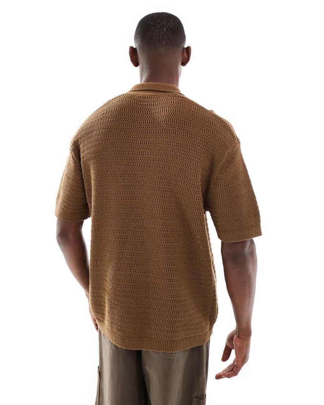 Only & Sons Brown Relaxed Fit Crochet Shirt With Revere Collar for men