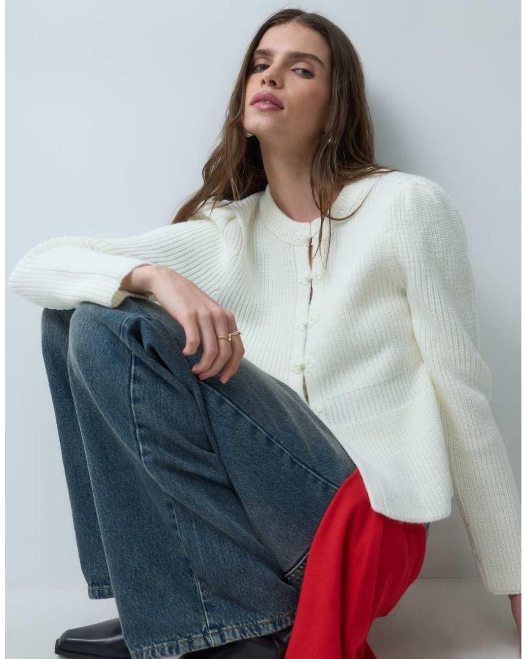 ASOS White Knitted Mandarin Detail Jumper With Peplum