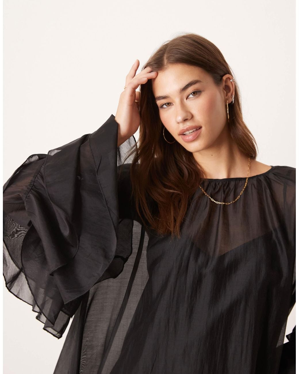 Glamorous Black Boho Ruffle Chiffon Mini Dress