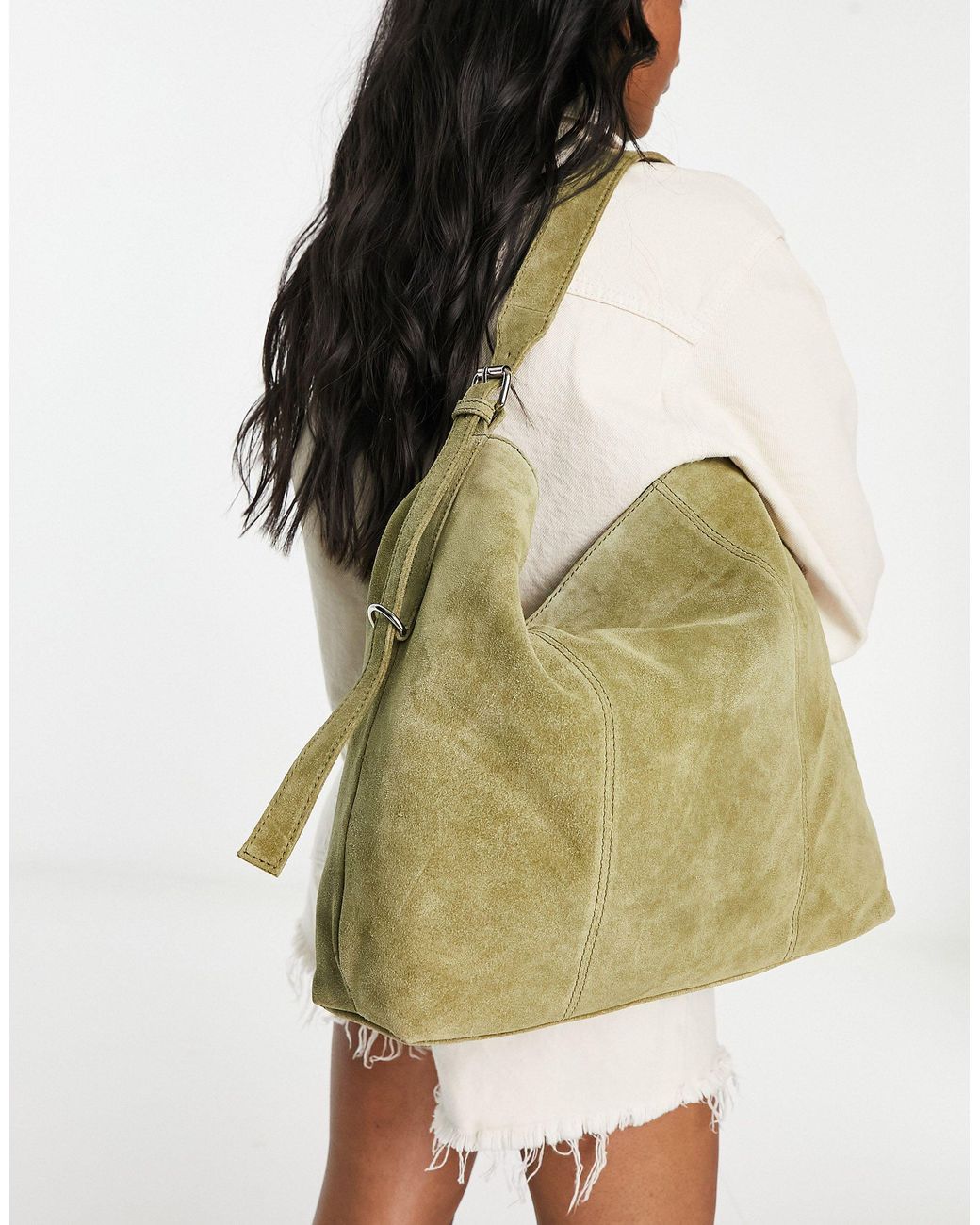 ASOS Suede Tote Bag With Buckle in Green | Lyst
