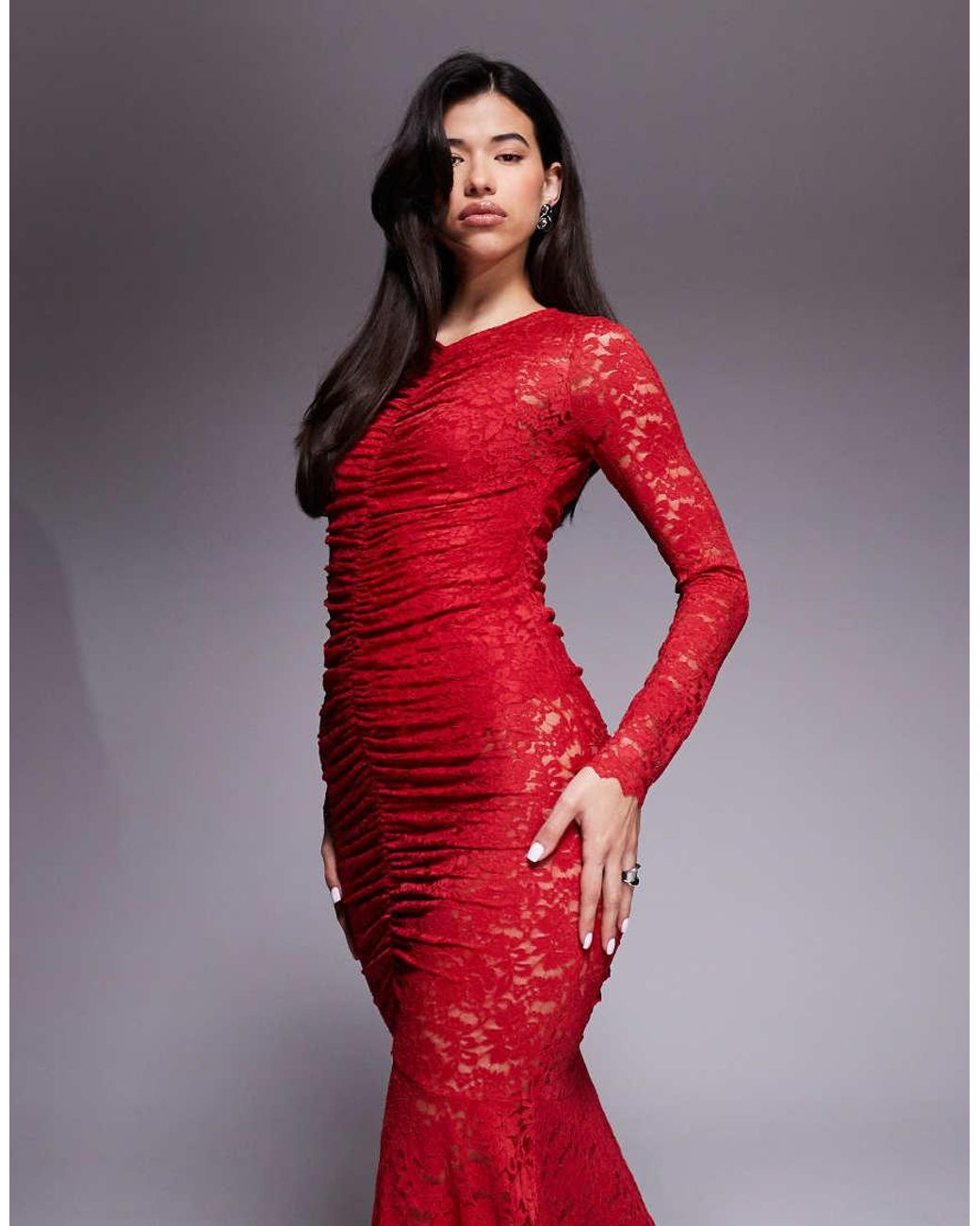 AFRM Red Lace Ruched Long Sleeve Maxi Dress With Bodysuit