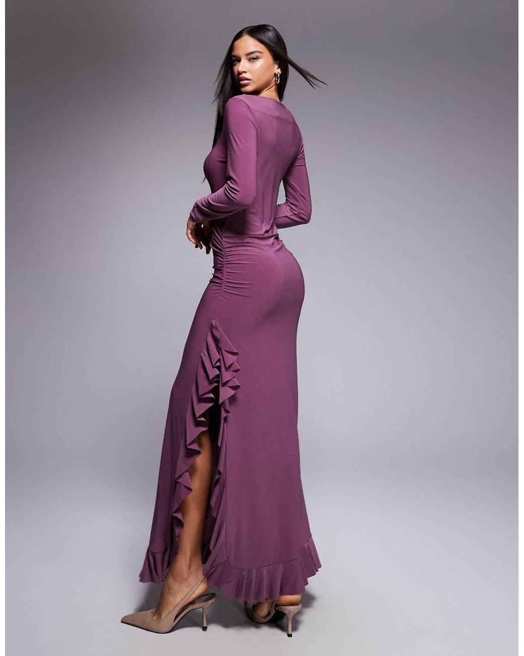 ASOS Purple Long Sleeve Frill Detail A Line Maxi Dress