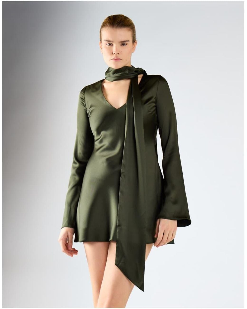 Glamorous Green Long Sleeve Mini Dress With Scarf Detail