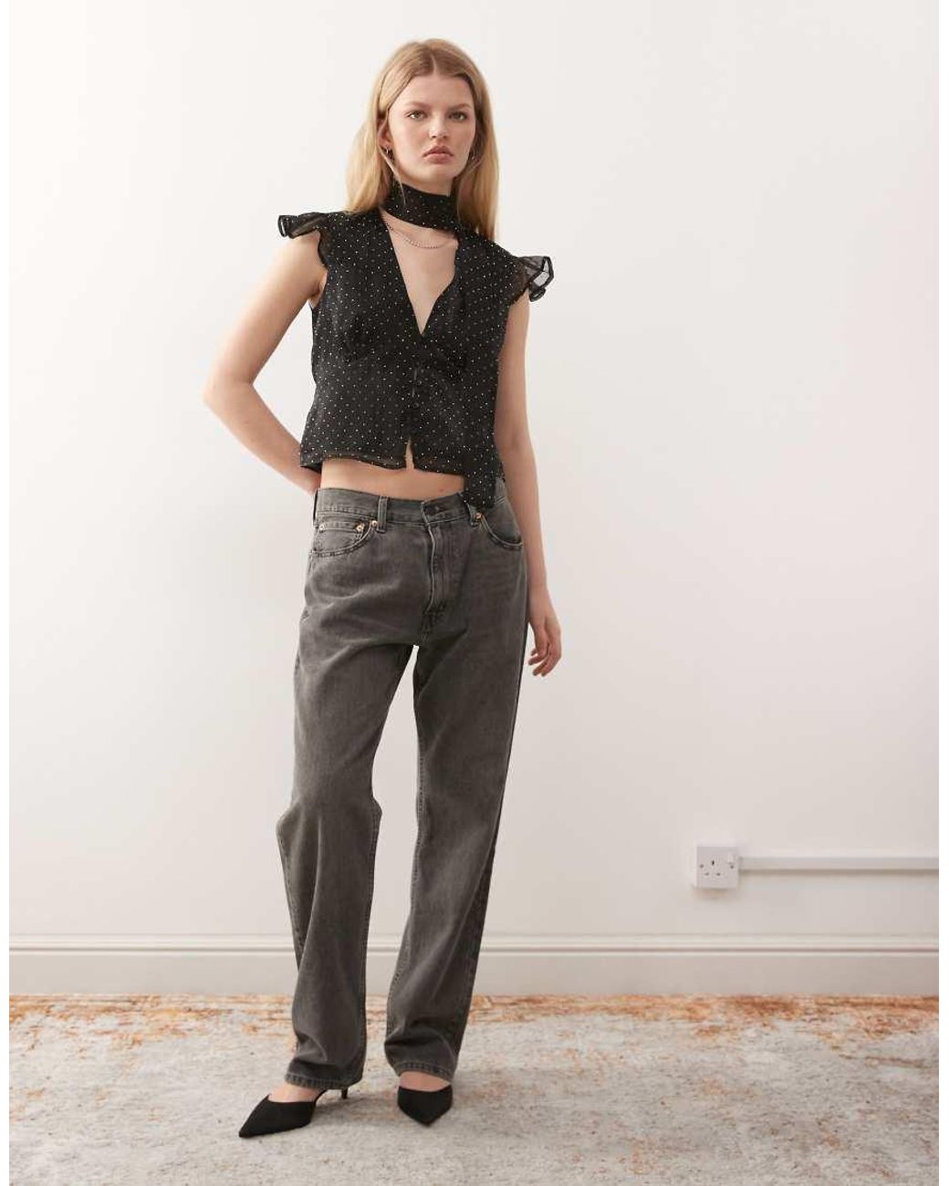 Reclaimed Vintage Black Chiffon Tea Top With Flutter Sleeve And Scarf