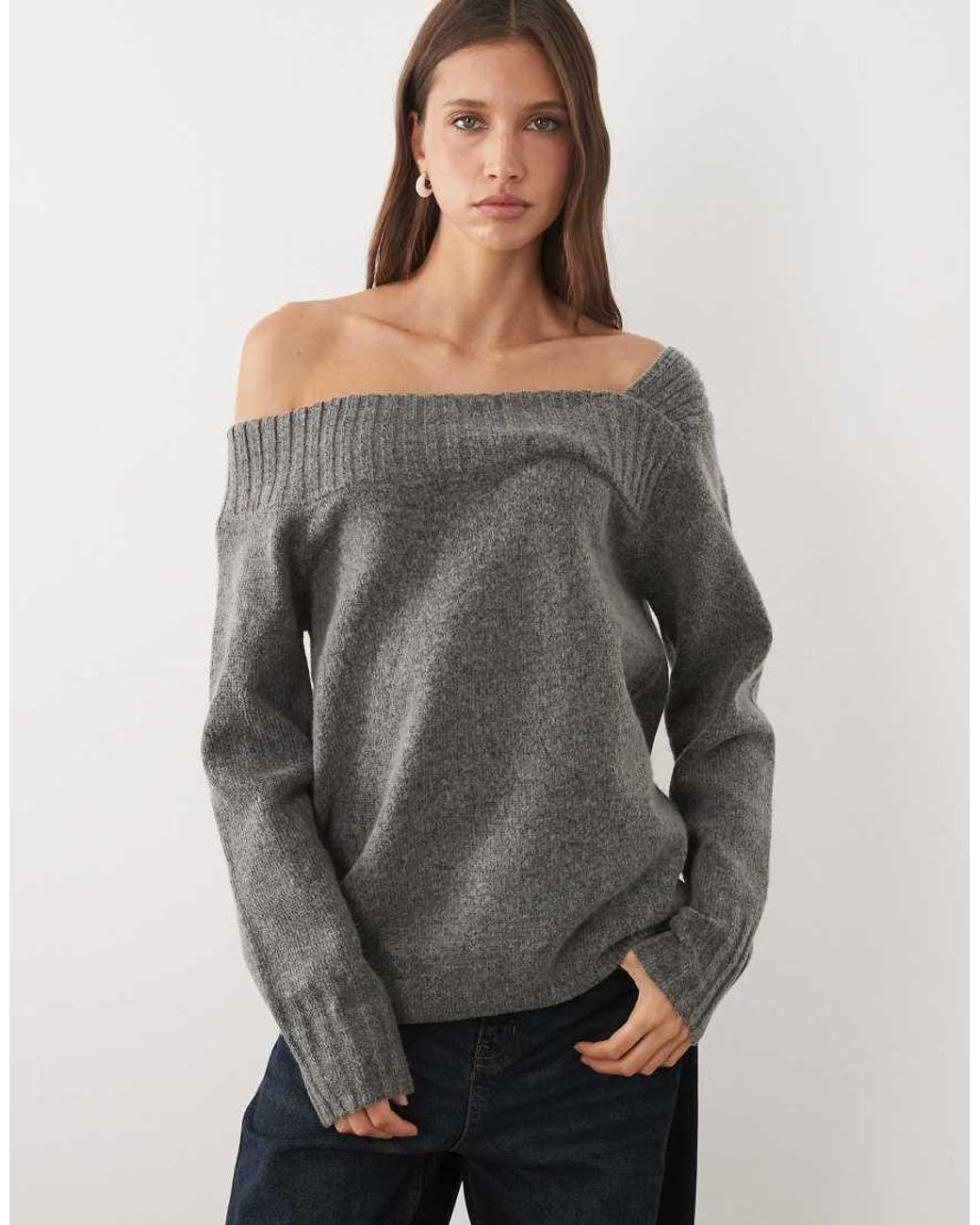 Threadbare Gray Slash Neck Knitted Off Shoulder Jumper
