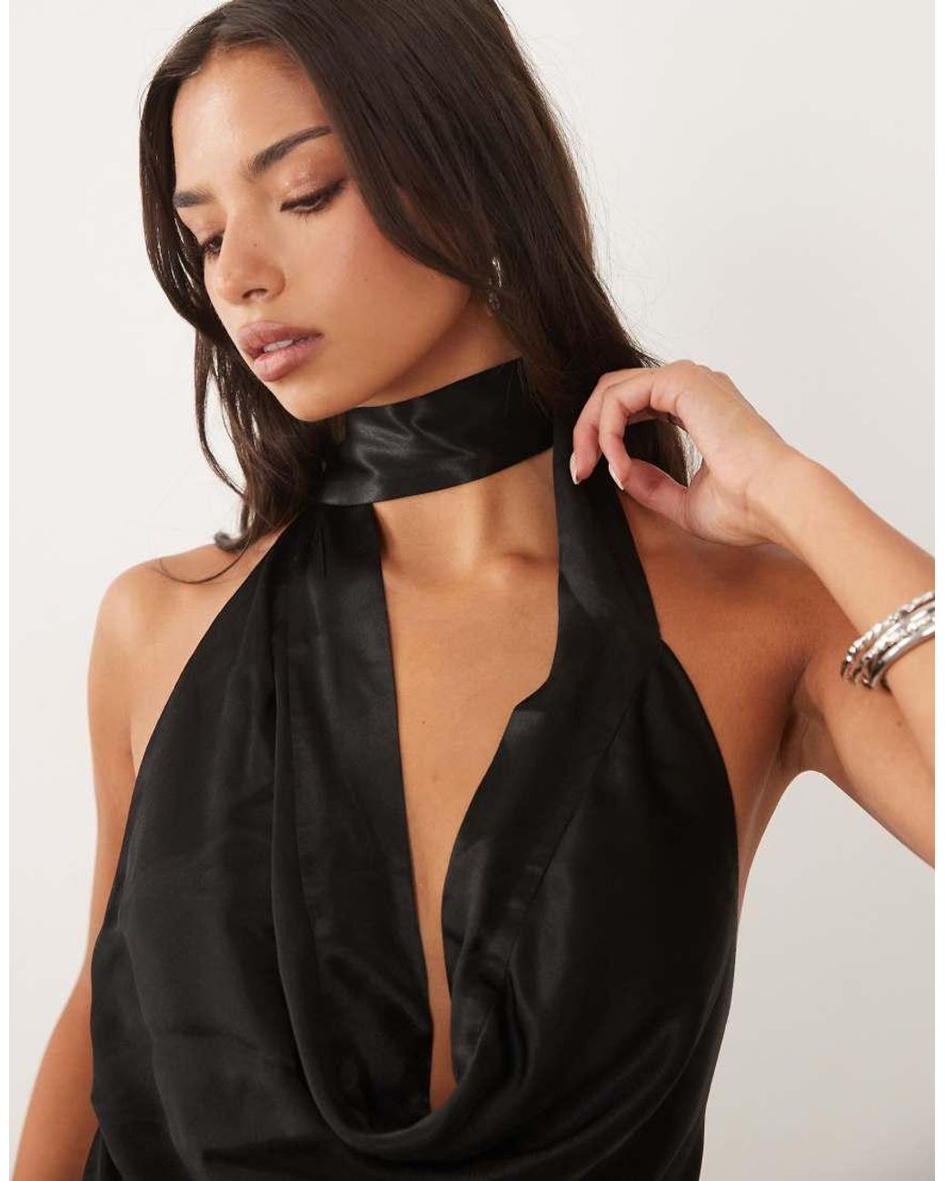 Bardot Natural Celine Satin Drape Plunge Neck Top Co-Ord