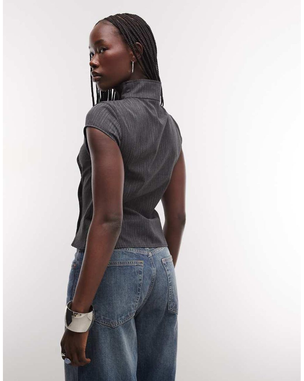 Weekday Blue High Neck Cap Sleeve Top With Buttons