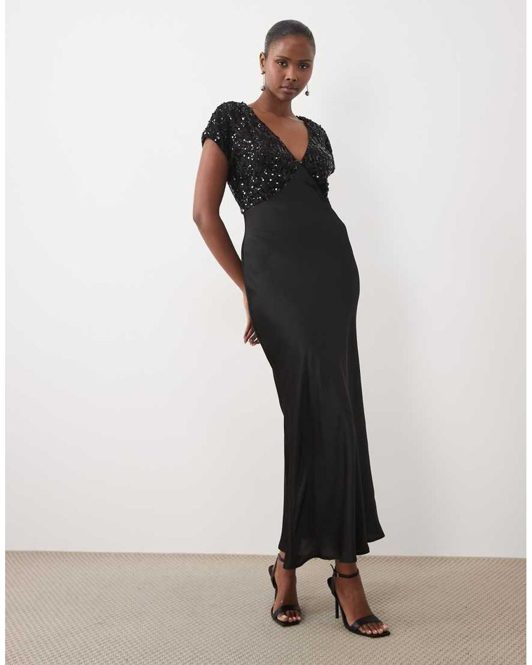 Vila Black Sequin Insert Satin Maxi Dress