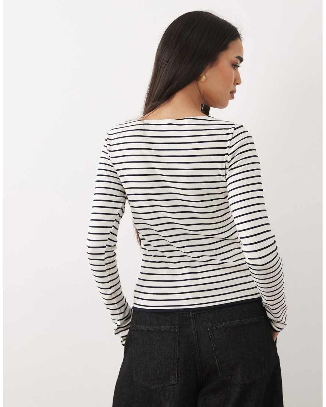 Mango White 100% Cotton Long Sleeve Square Neck Top