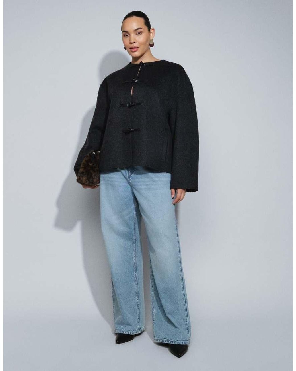 ASOS Black Wool Blend Collarless Jacket With Frog Closure Trim