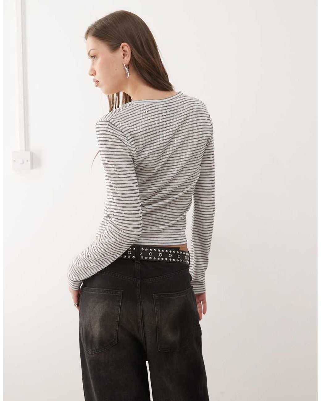 Collusion Gray Long Sleeve Henley Semi-sheer Stripe Top