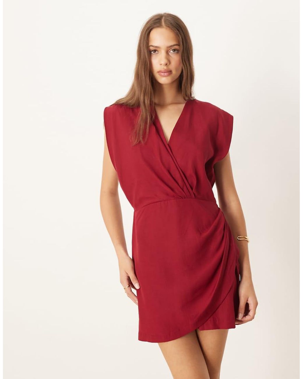 Mango Red V Neck Draped Sleeveless Mini Dress