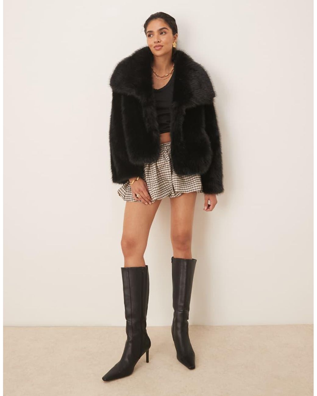 Pretty Lavish Black exaggerated Collar Faux Fur Coat