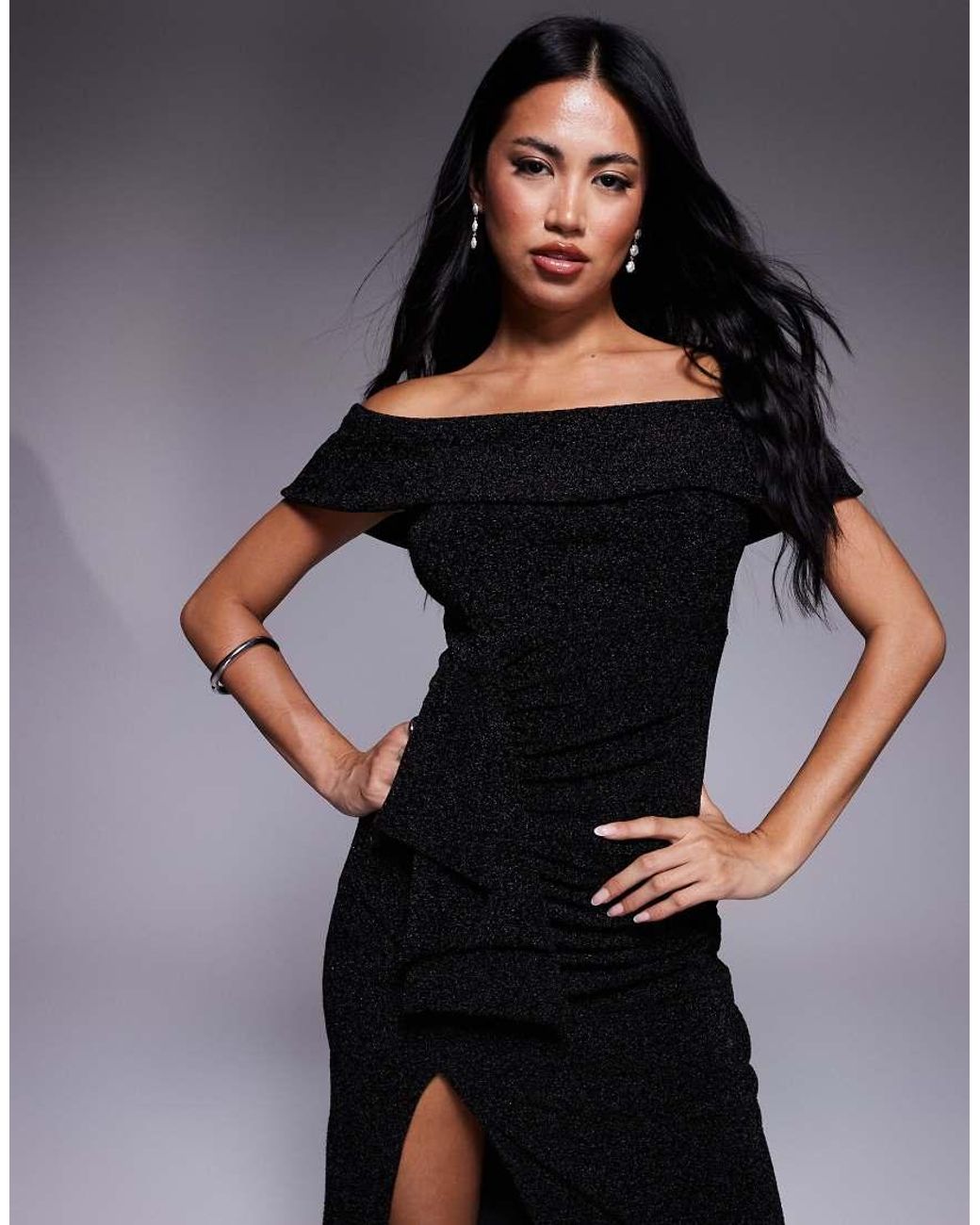 Goddiva Black Sparkling Bardot Midi With Waterfall Ruffle