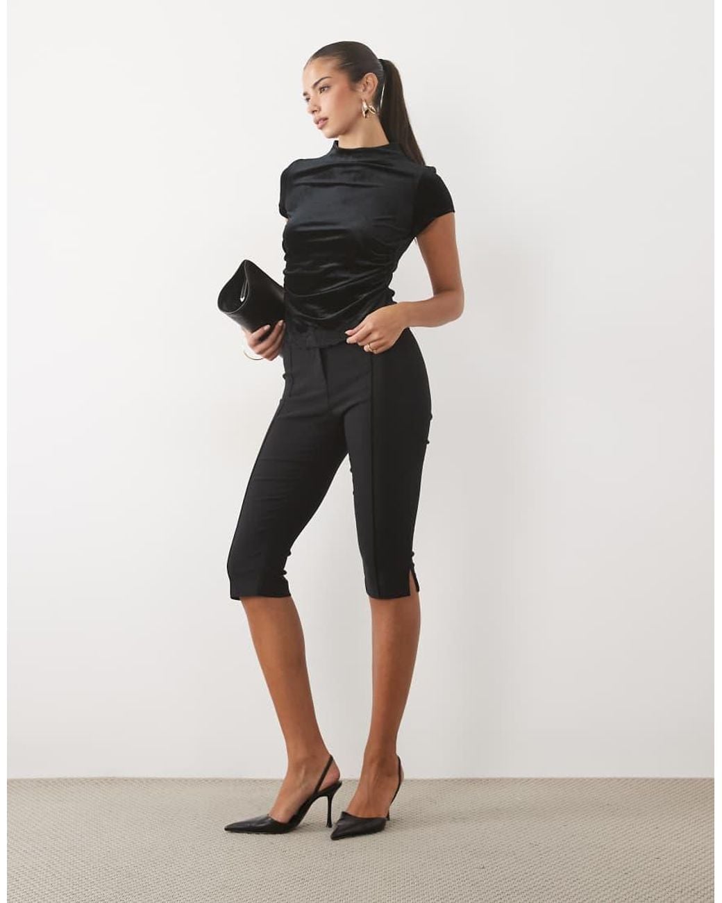 Nobody's Child Black Velvet High Neck Cap Sleeve Lace Hem Top