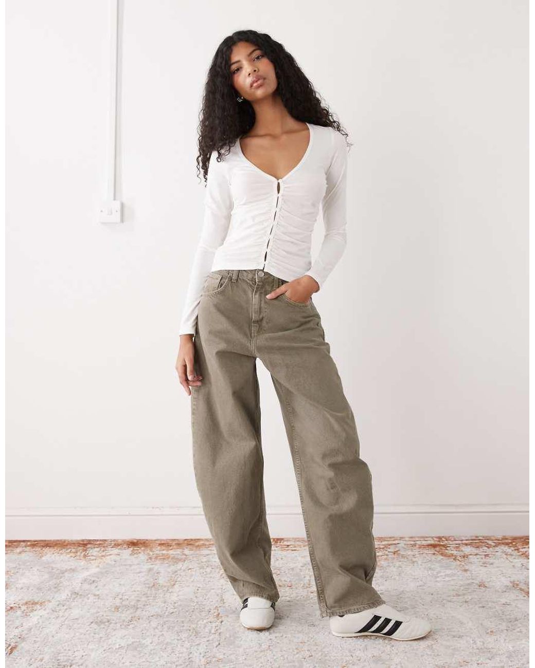 Monki White Ruched Button Open Jersey Top