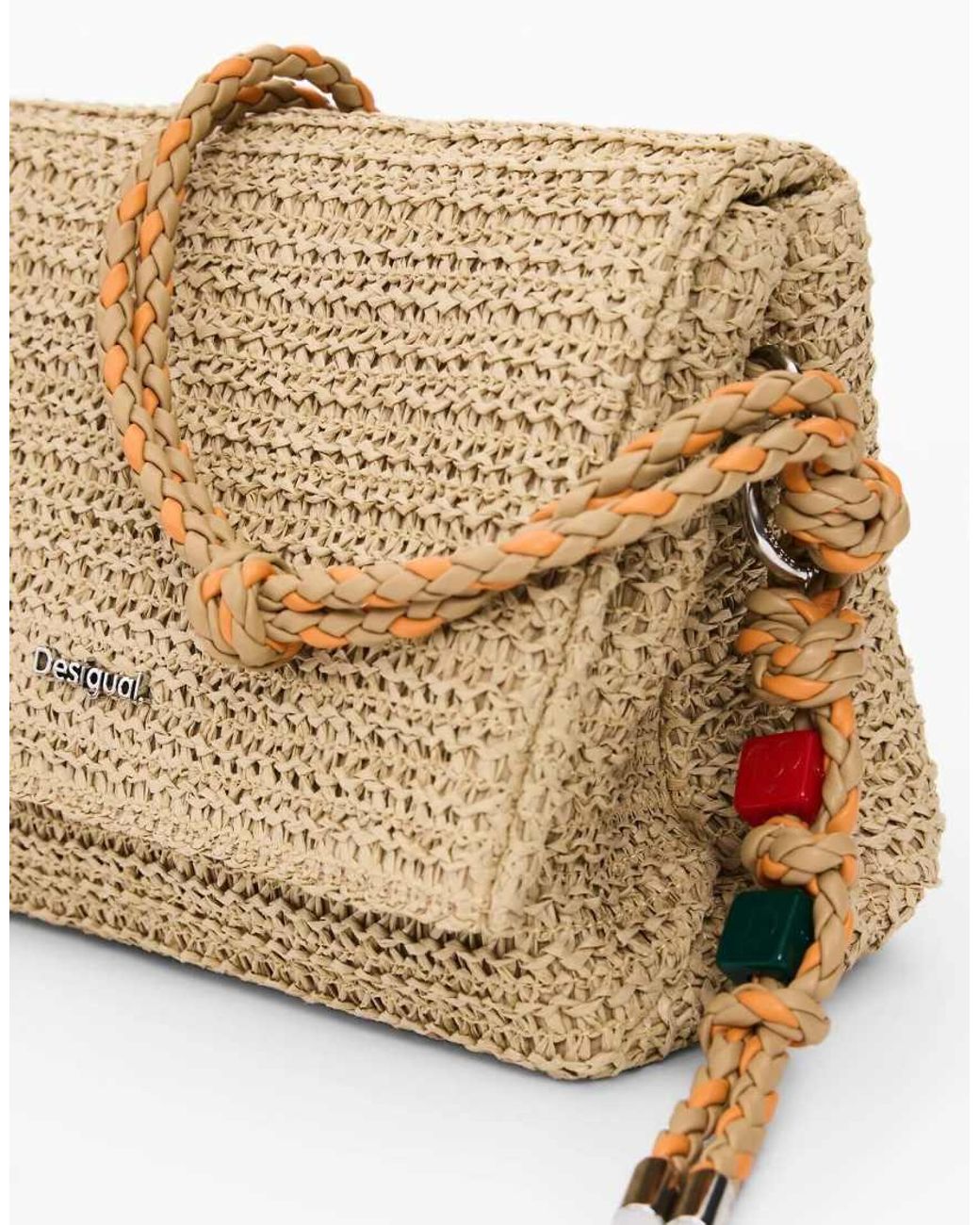 Desigual Natural Medium Raffia Bag With Charms