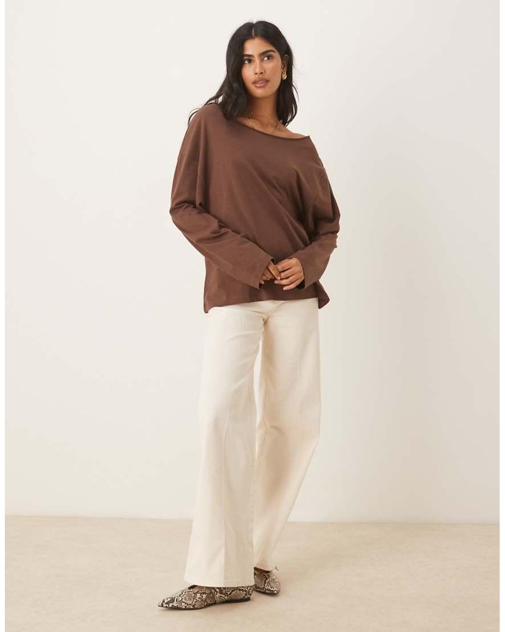 ASOS Brown Off The Shoulder Long Sleeve Tee