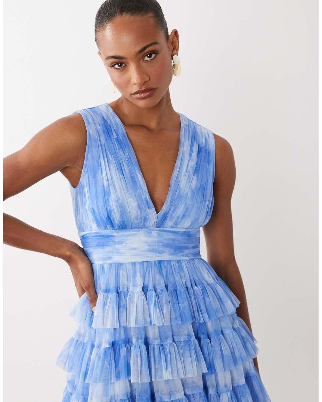 LACE & BEADS Blue Sleeveless Plunge Neck Ruffle Tiered Mini Dress