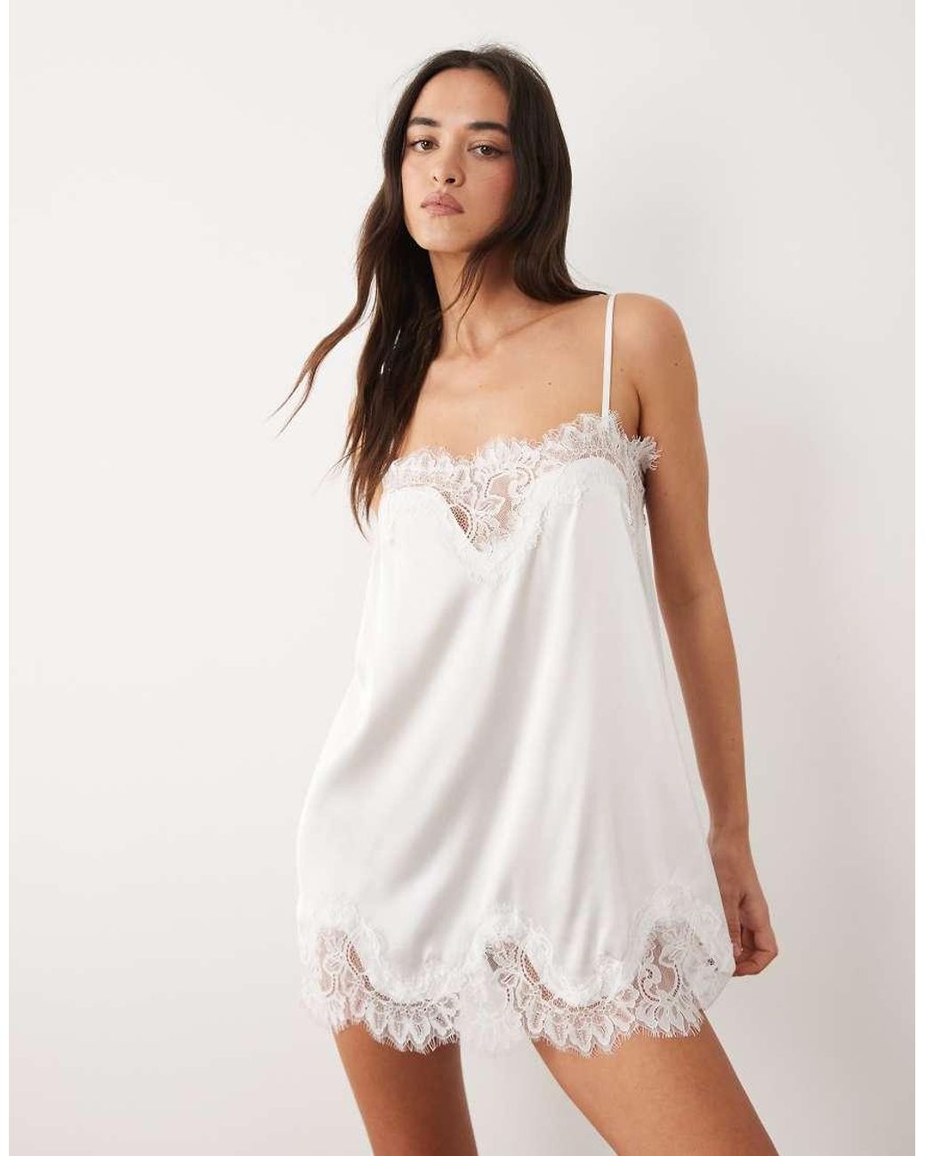 KAT THE LABEL White Olivia Lace Trim Satin Dress