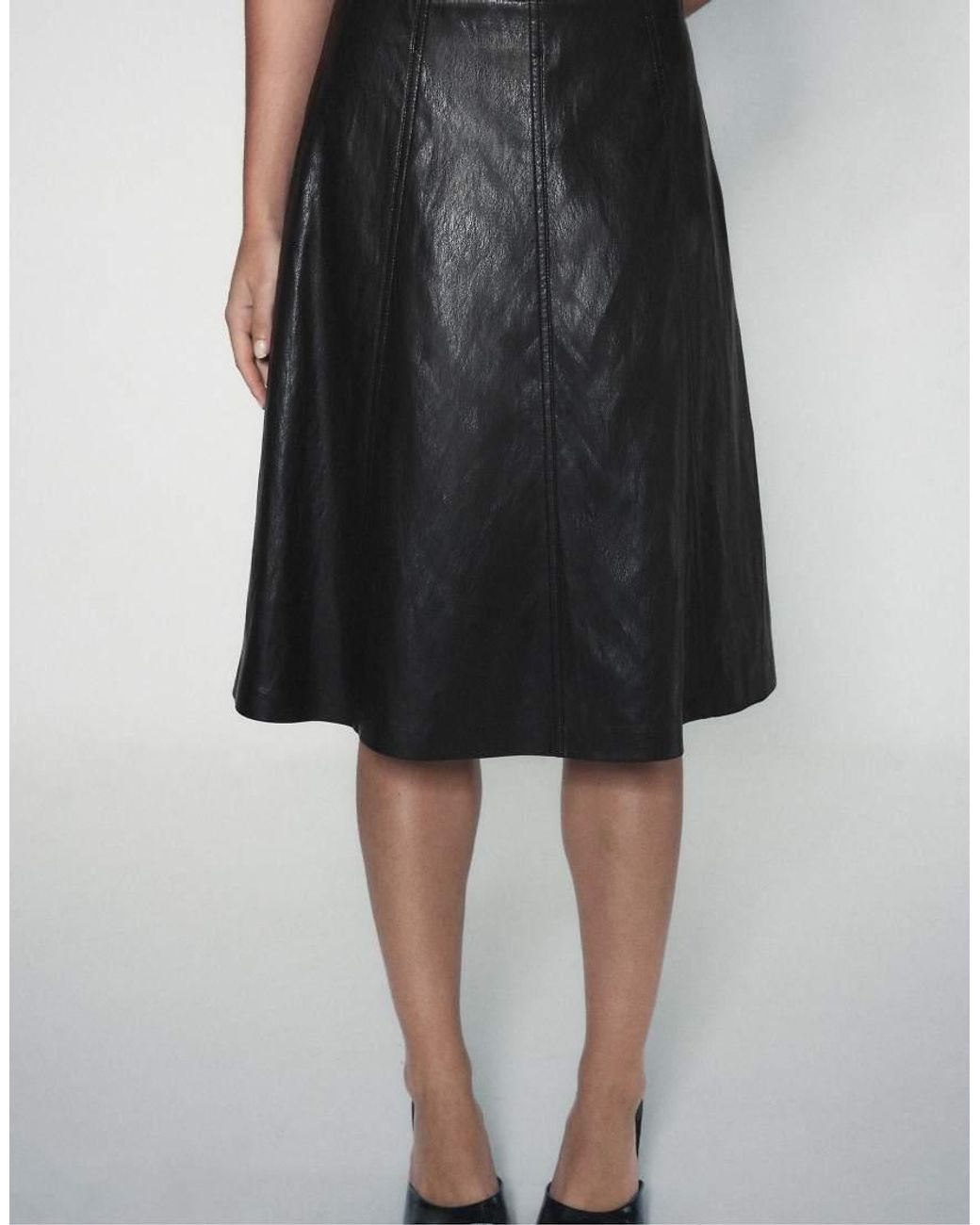 Stradivarius Black Leather Effect Flared Midi Skirt