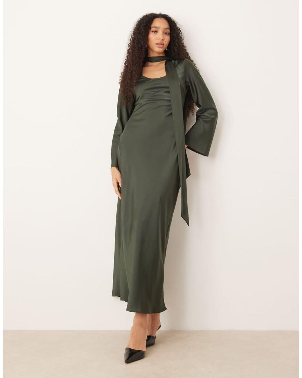 ASOS Green V Neck Scarf Detail Long Sleeve Maxi Dress