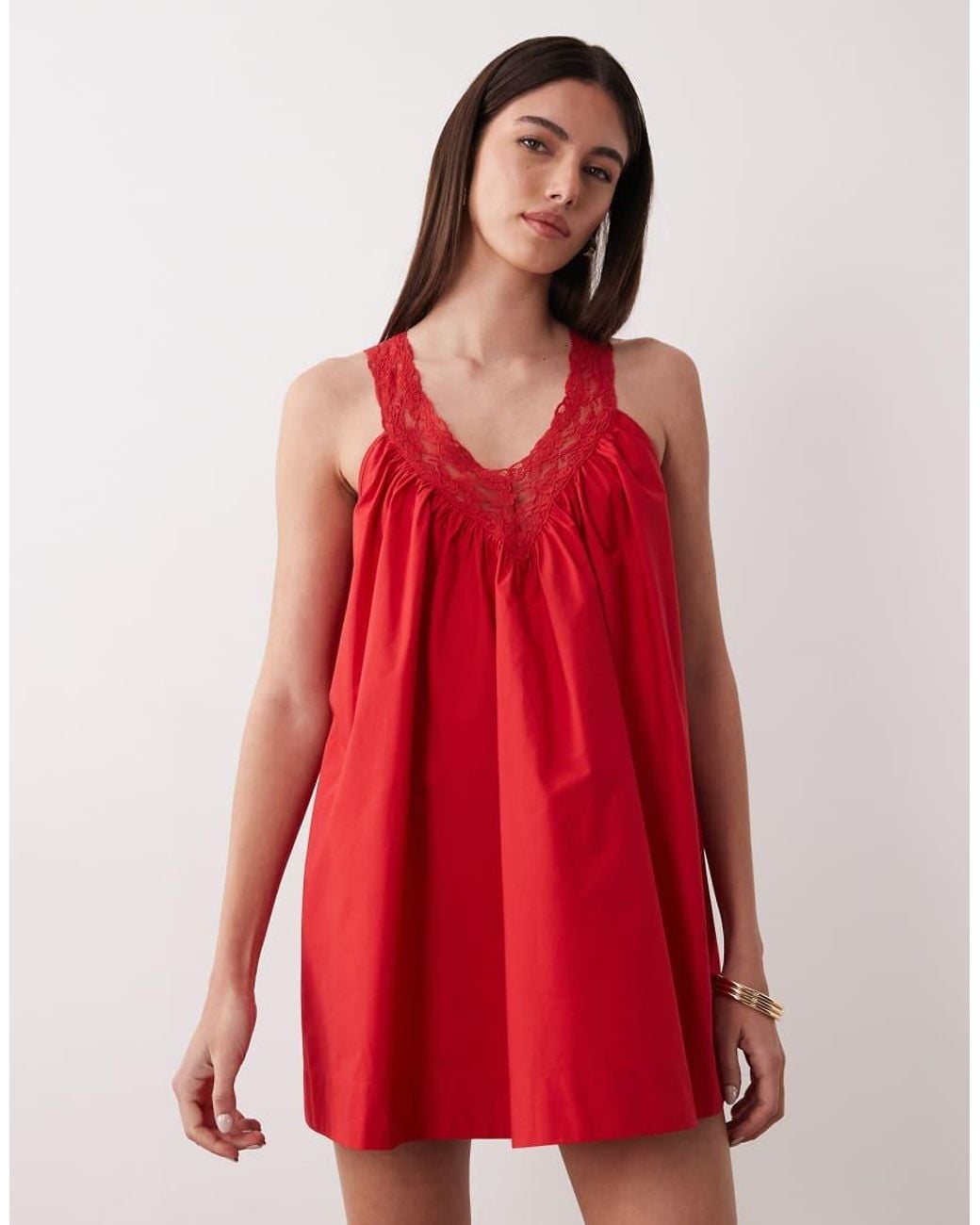 ASOS Red V Neck Smock Poplin Mini Sundress With Lace Overlay