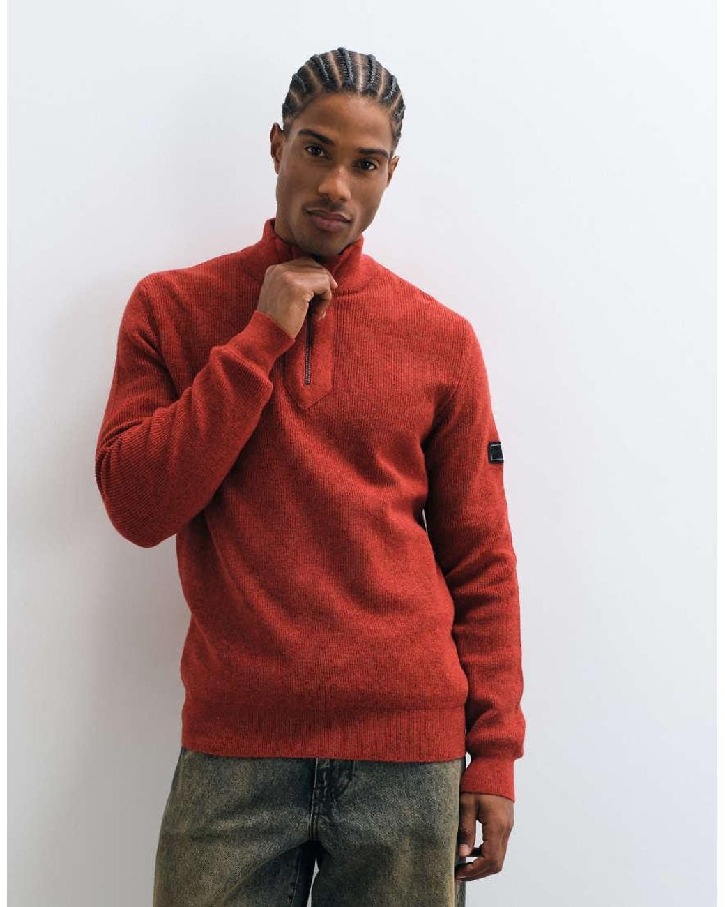 Barbour Red Crawley Wool Blend Half Zip Funnel Neck Jumper for men