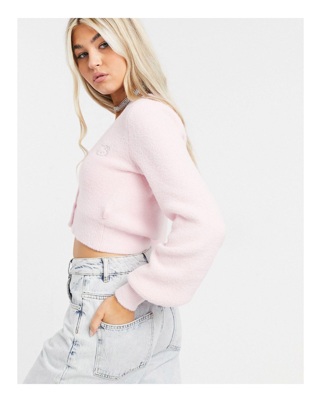 Bershka X Hello Kitty Fluffy Crop Cardigan Co-ord in Pink | Lyst