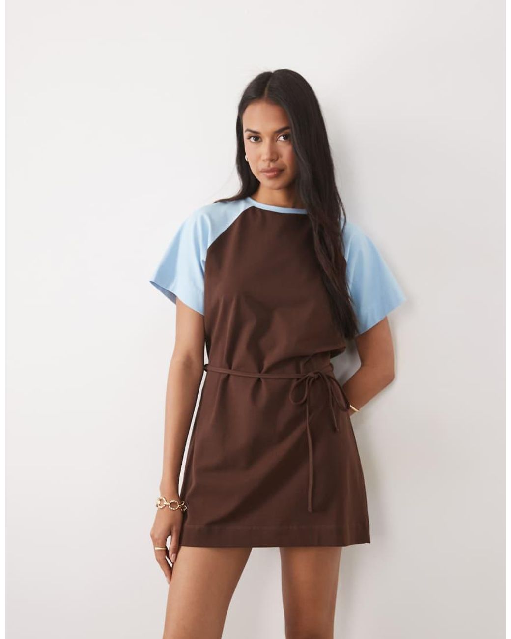 ASOS Natural Contrast Tie Detail T-shirt Mini Dress