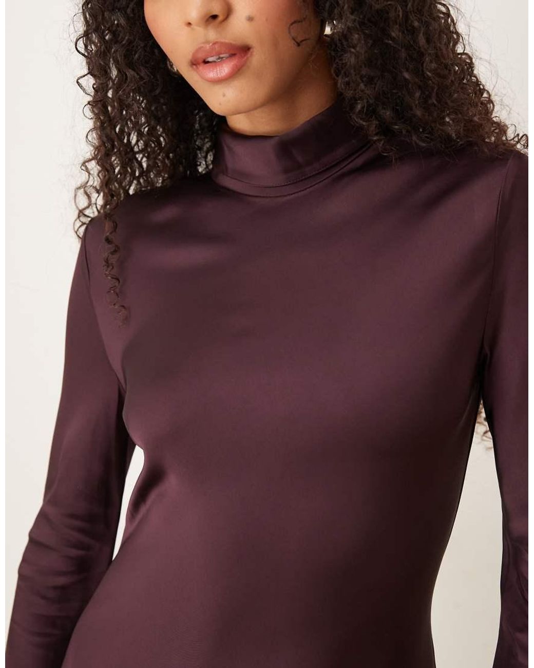Mango Red Capsule High Neck Satin Bias Maxi Dress Deep Plum