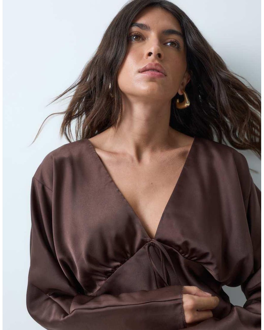 Miss Selfridge Blue Satin Long Sleeve Batwing Top