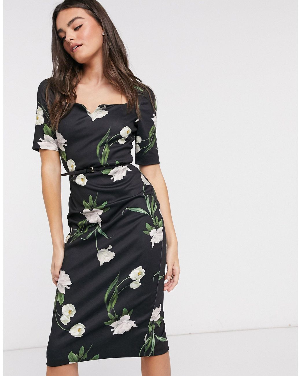 Ted Baker Magieyy Elderflower Floral Notch Detail Bodycon Midi Dress in ...