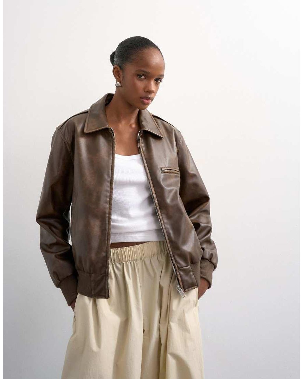 TOPSHOP Natural Leather Look Centre Front Zip Through Jacket