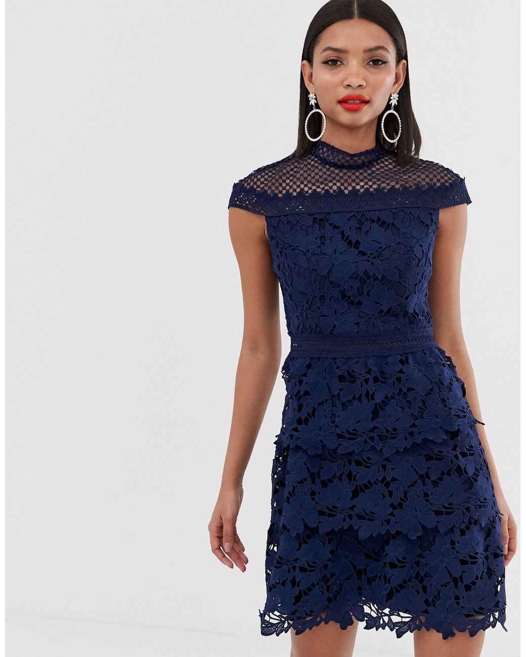 Chi Chi London Tiered Lace A Line Mini Dress in Navy (Blue) | Lyst