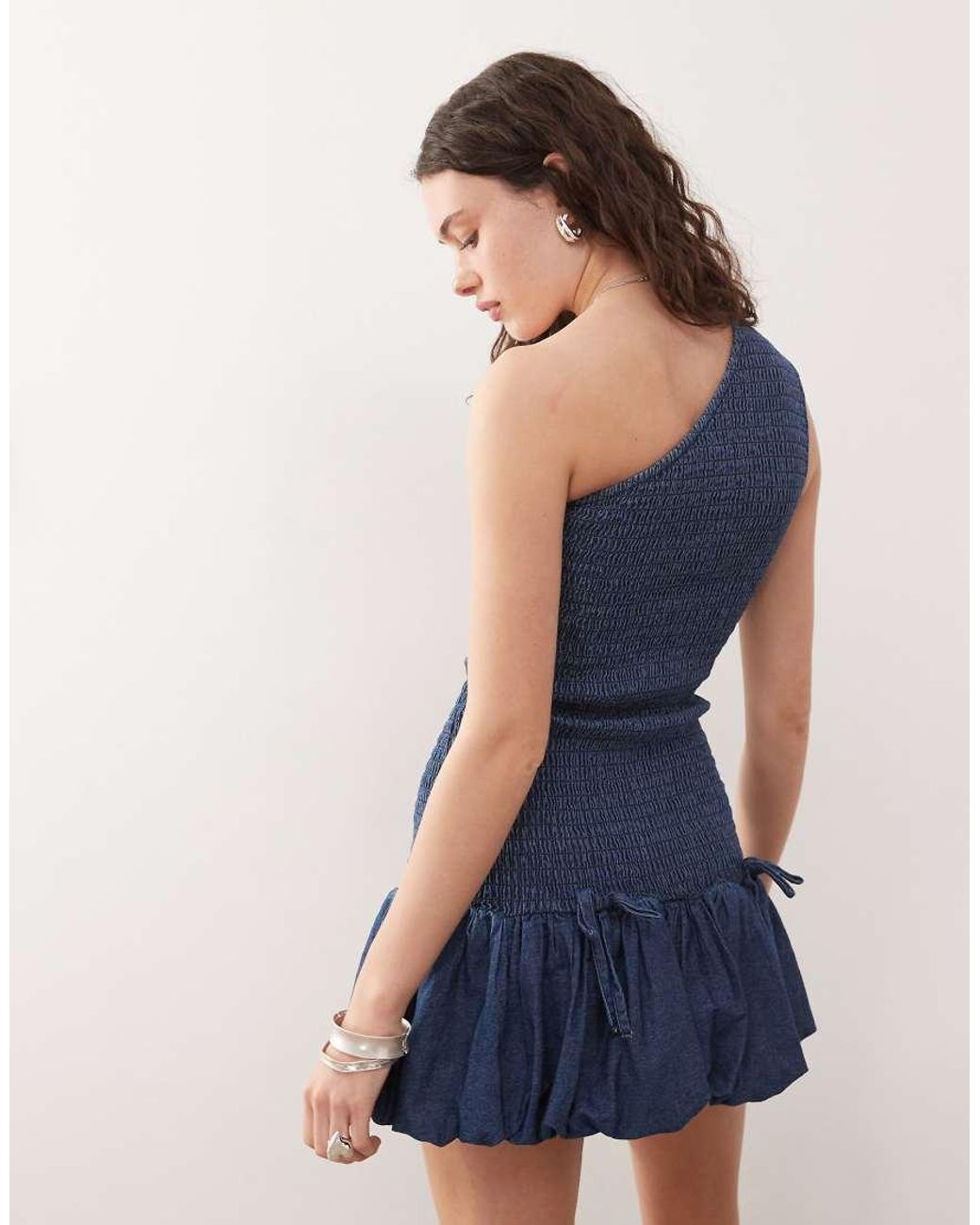Collusion Blue Denim One Shoulder Shirred Mini Dress