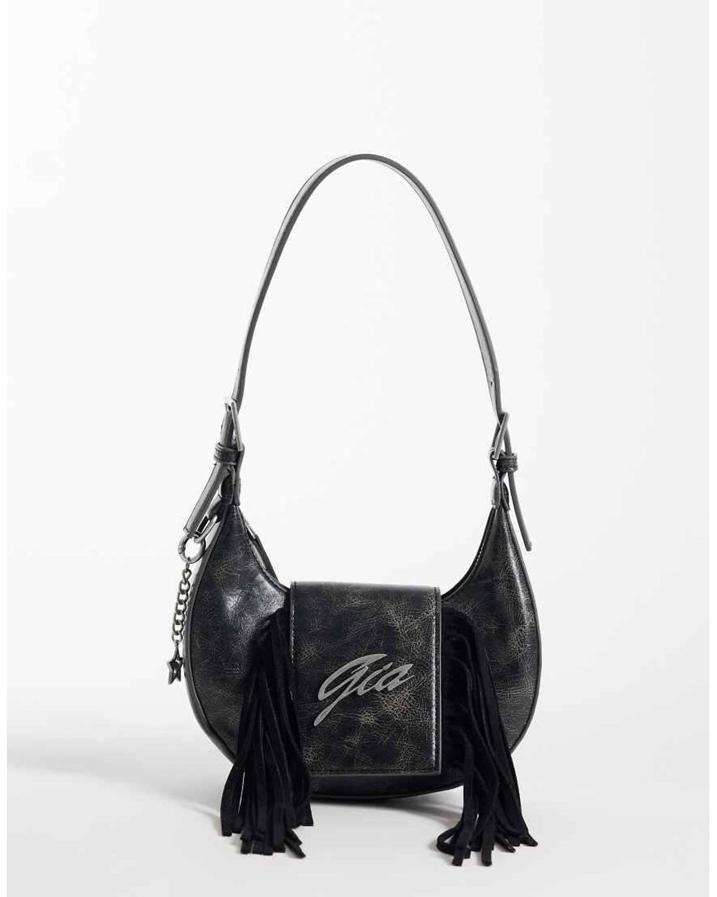 I.AM.GIA White Tia Textured Faux Leather Chrome Logo Detail Fringe Front Adjustable Shoulder Bag