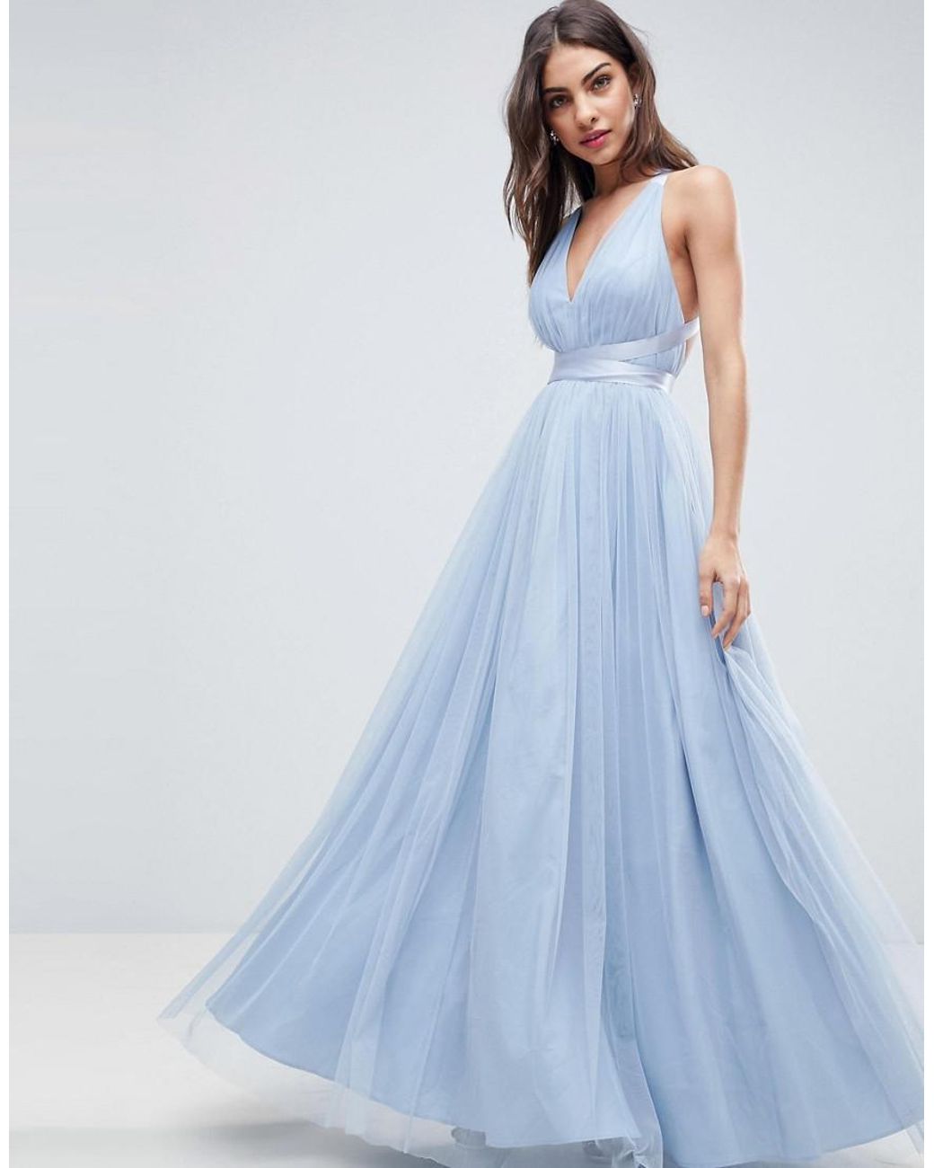 Robe longue de bal de promo en tulle avec liens en ruban ASOS en coloris  Bleu | Lyst