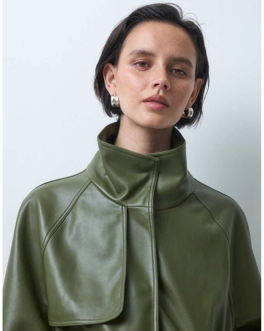 ASOS Green Cinched Waist Leather Look Funnel Jacket