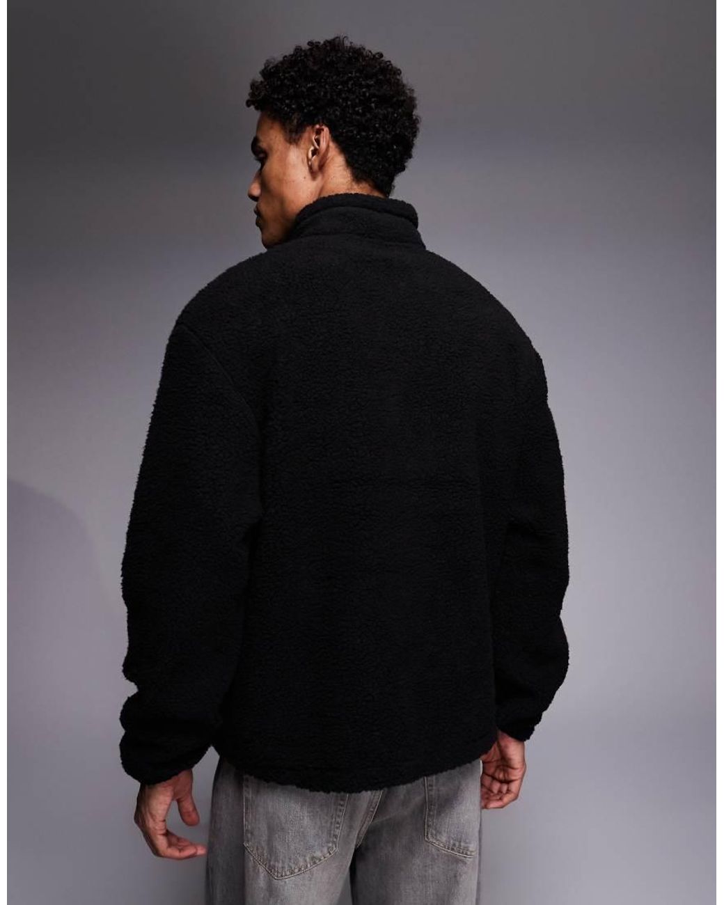 ASOS Blue Relaxed Funnel Neck Zip Through Borg Sweatshirt With Piping for men
