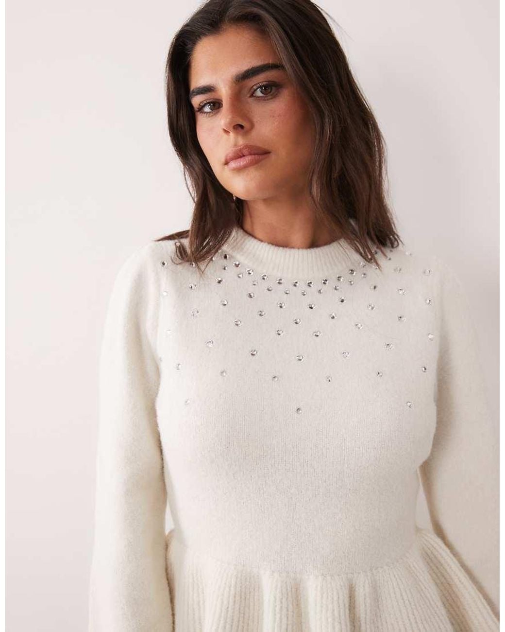 Miss Selfridge Natural Knitted Jumper With Peplum Hem And Embellishment