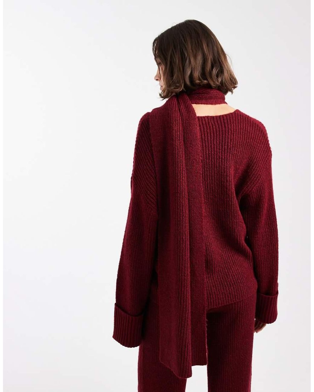 4th & Reckless Red Ribbed Knitted Deep Cuff V Neck Scarf Detail Jumper Co-ord