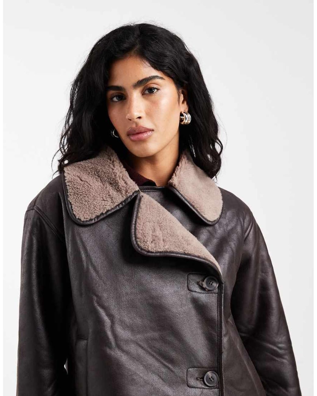 Vero Moda Black Borg Collar Faux Leather Coat