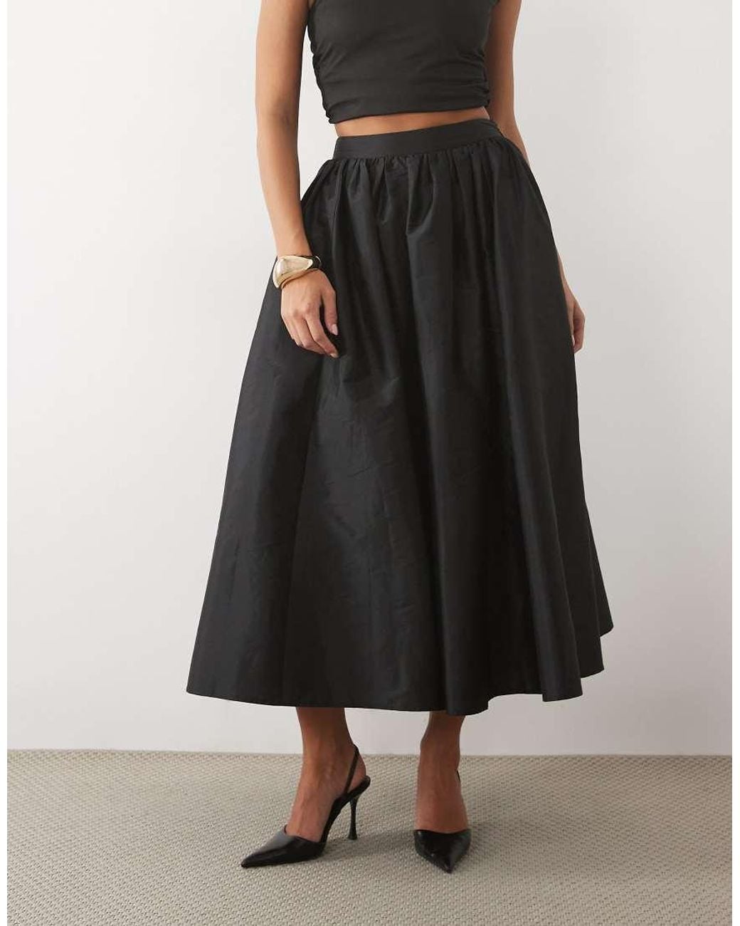 LACE & BEADS Black Satin High Waist Full Maxi Skirt
