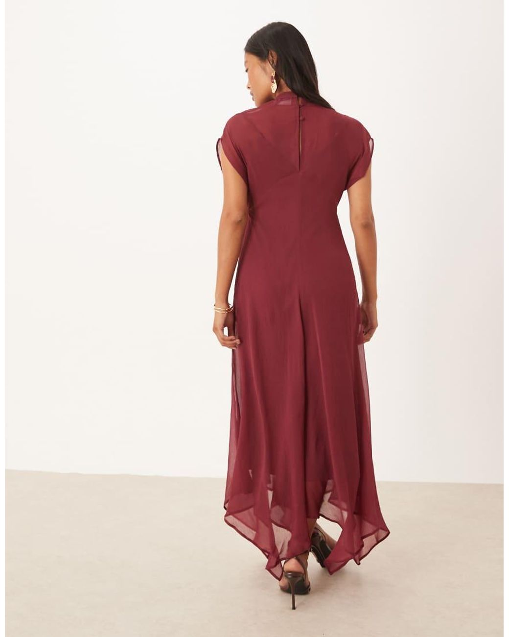 ASOS Red Asos Design Petite High Neck Hanky Hem Chiffon Maxi Dress